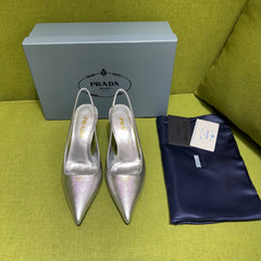PRADA 25S SLINGBACK HIGH HEELS 75 MM IN SILVER SHEEPSKIN