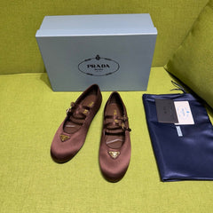 PRADA 25S MARY JANE BALLET FLATS IN DEEP BURGUNDY BROWN SATIN