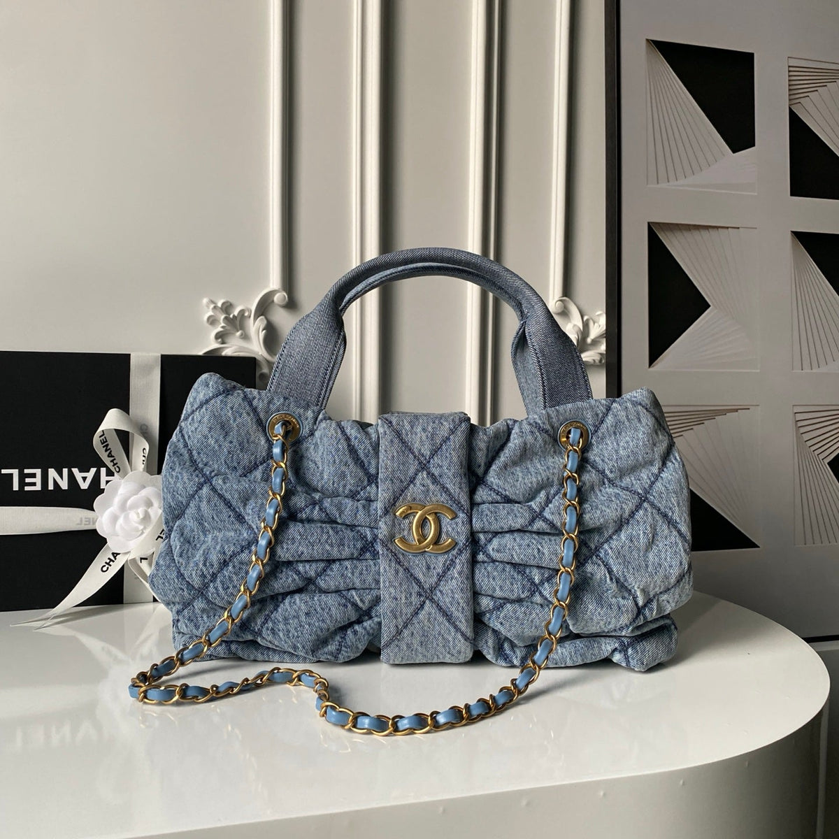 CHANEL 25S BOW BAG 38 IN DARK BLUE DENIM WITH GOLD HARDWARE