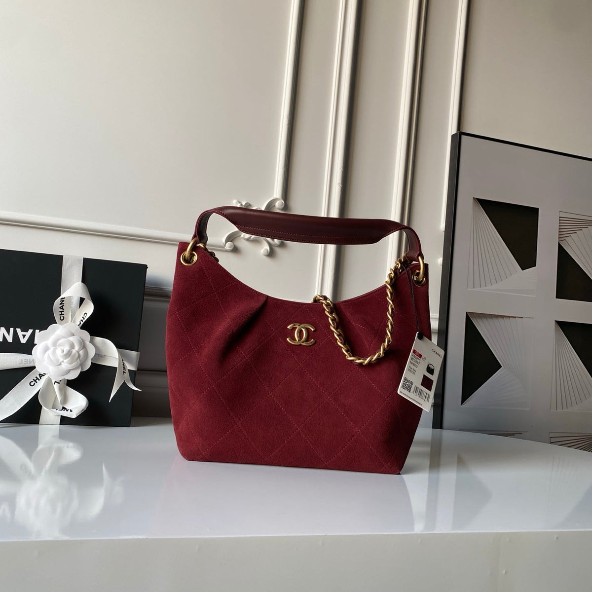 CHANEL 25S HOBO BAG 31 IN DARK RED SUEDE WITH GOLD HARDWARE
