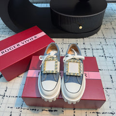 VIV' GO-THICK STRASS BUCKLE SLIP-ON SNEAKERS IN BLUE DENIM