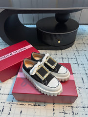 VIV' GO-THICK STRASS BUCKLE SLIP-ON SNEAKERS IN BLACK CANVAS