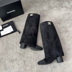 CHANEL 25S HIGH BOOTS 55MM IN BLACK SUEDE AND CANVAS GOLD HARDWRE