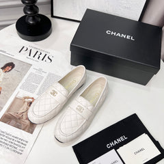 CHANEL 25S LOAFER DANCE SHOES IN WHITE CALFSKIN GOLD HARDWRE