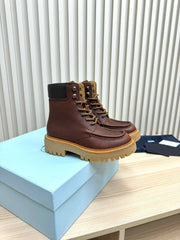 PRADA 25S LACE-UP ANKLE BOOTS IN DARK BROWN CALFSKIN