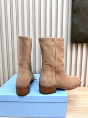 PRADA 25S LOW-CUT BOOTS IN LIGHT CARAMEL BROWN SUEDE