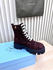 PRADA 25S MONOLITH BOOTS IN DARK PLUM BROWN SUEDE