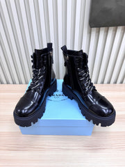 PRADA 25S MONOLITH BOOTS IN BLACK GLOSSY CALFSKIN