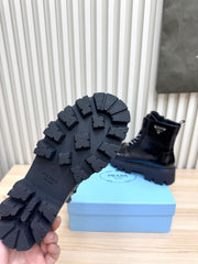 PRADA 25S MONOLITH BOOTS IN BLACK GLOSSY CALFSKIN