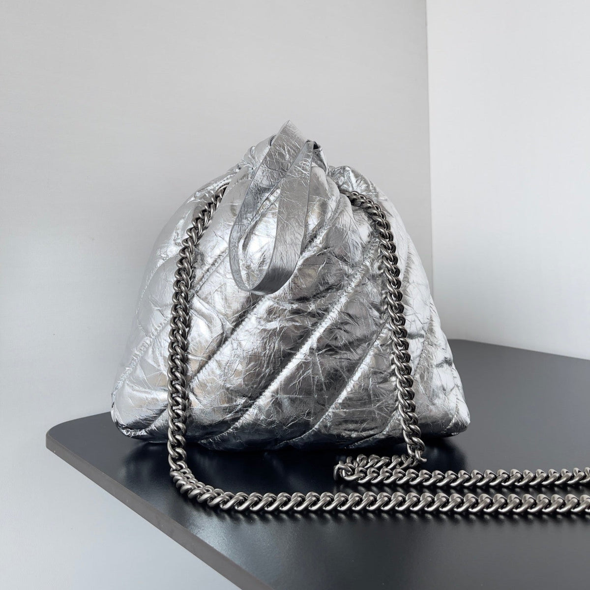 CRUSH SMALL TOTE BAG 26 IN SILVER QUILTED CALFSKIN SILVER HARDWARE