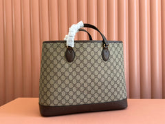 OPHIDIA MEDIUM TOTE BAG 38.5 BEIGE CANVAS AND BROWN CALFSKIN