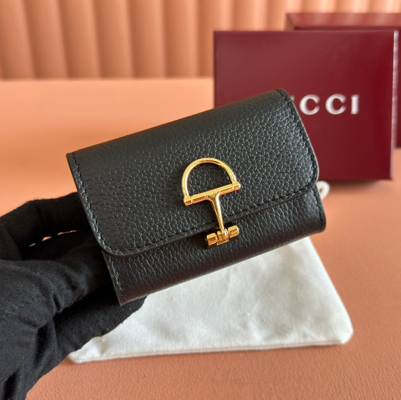 SOFTBIT CARD CASE 10.5 IN BLACK GRAINY CALFSKIN GOLD HARDWARE