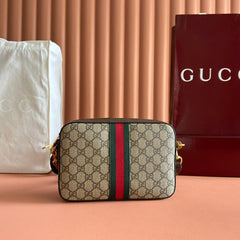 GG OPHIDIA SMALL CROSSBODY BAG 24 IN BEIGE CANVAS AND BROWN CALFSKIN