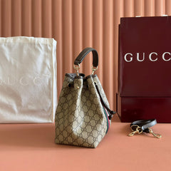 GUCCI 25S OPHIDIA SMALL BUCKET BAG 22 IN BEIGE CANVAS AND BROWN CALFSKIN