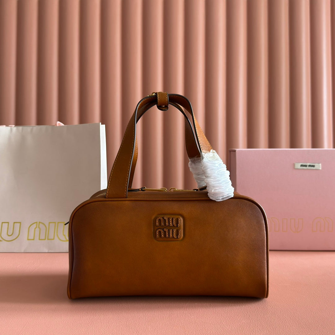 MIUMIU 26S TOP-HANDLE BAG 28 IN TAN BROWN CALFSKIN GOLD HARDWARE