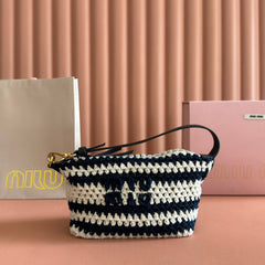MIUMIU 26S POUCH BAG 25 IN CREAM AND NAVY WOOL WITH CALFSKIN HANDLE