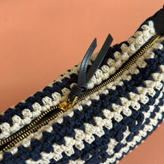 MIUMIU 26S POUCH BAG 25 IN CREAM AND NAVY WOOL WITH CALFSKIN HANDLE