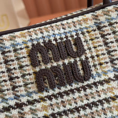 MIUMIU 26S BEAU CANVAS BAG 28 IN MULTICOLOR WOOL AND BROWN CALFSKIN