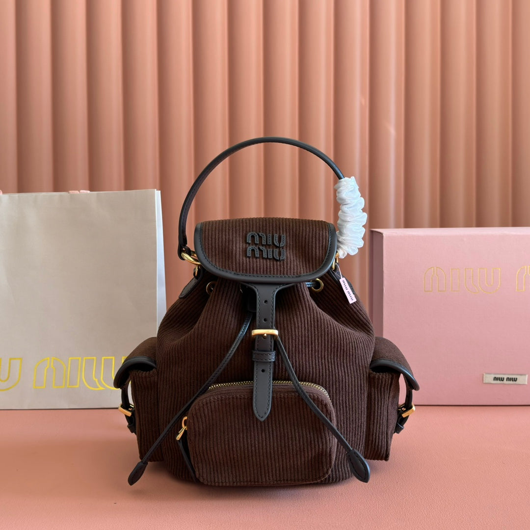 MIUMIU 26S BACKPACK 22 IN CHOCOLATE BROWN CANVAS BLACK CALFSKIN