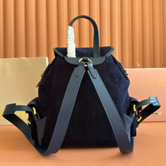 MIUMIU 26S MEDIUM BACKPACK 29 IN DARK BLUE CANVAS BLUE CALFSKIN