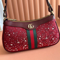GUCCI 26S OPHIDIA SHOULDER BAG 26 IN DARK RED CANVAS EMBELLISHED WITH RHINESTONES