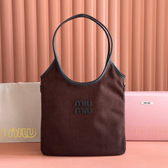 MIUMIU 26S IVY 40 TOTE IN IN CHOCOLATE BROWN CANVAS AND BLACK CALFSKIN