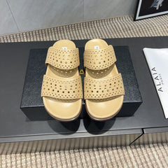 ALAIA CHUNKY TWO-STRAP SLIDES 25S IN BEIGE CALFSKIN