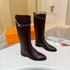 HM 25S KNEE-HIGH FLAT BOOTS IN DARK BROWN LAMBSKIN WITH SILVER HARDWARE