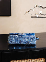 CHANEL 25S FLAP BAG 21 CM IN BLUE SEQUINED TWEED WITH GOLD HARDWARE