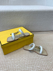 FENDI O'LOCK SLIDES WHITE CALFSKIN WITH GOLD HARDWARE