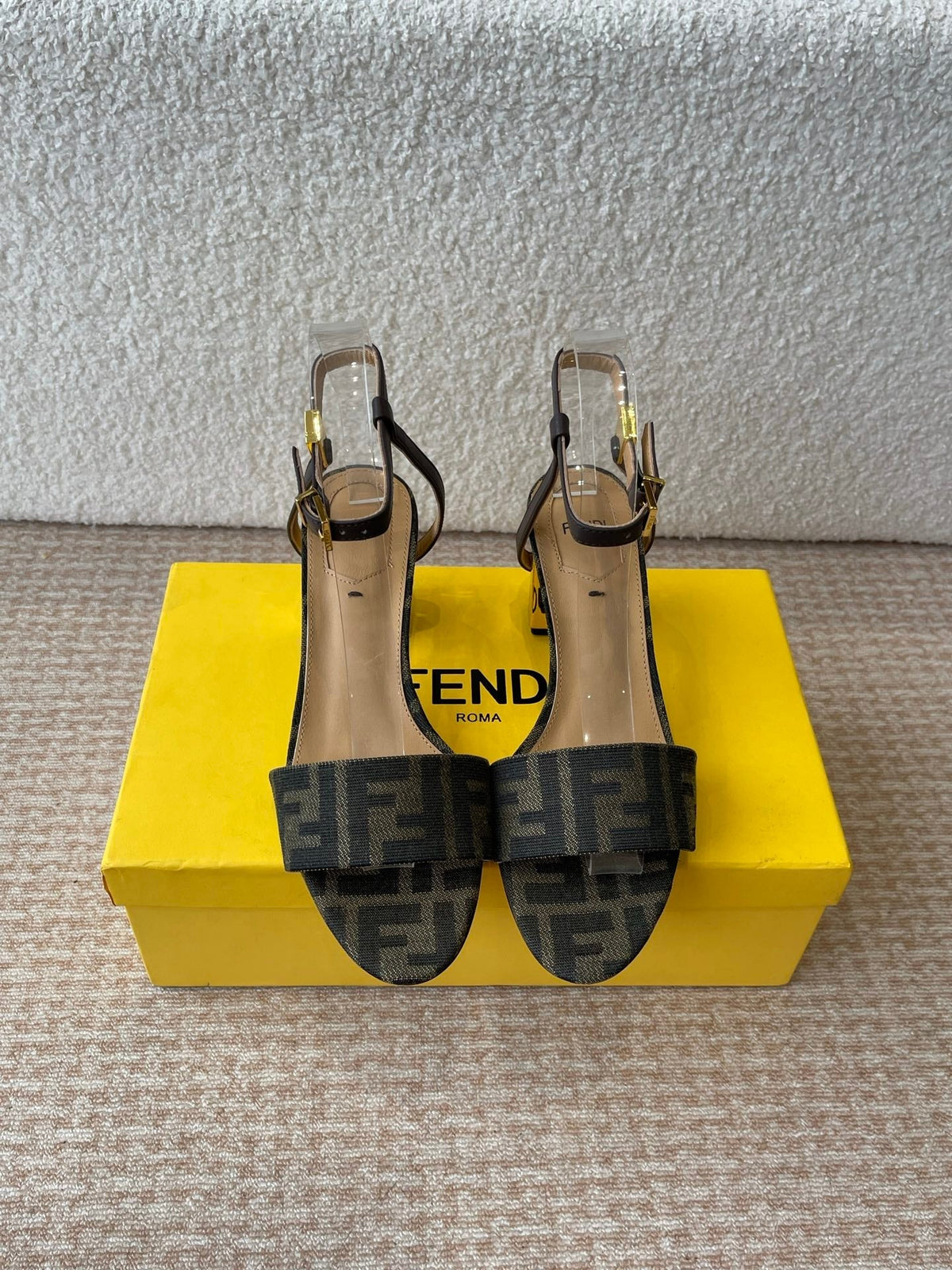 FF FIRST HIGH-HEEL 70MM IN KHAKI FABRIC AND CALFSKIN