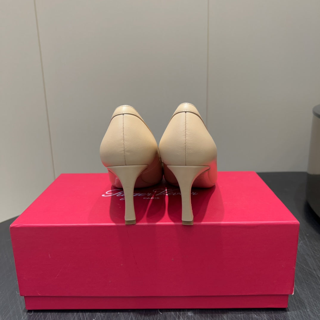 ROGER VIVIER 25S TROMPETTE SQUARE TOE HIGH HEELS 70MM IN NUDE SHINY CALFSKIN