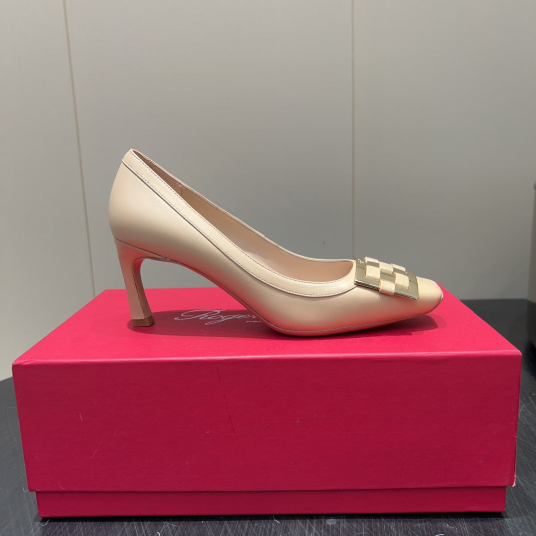 ROGER VIVIER 25S TROMPETTE SQUARE TOE HIGH HEELS 70MM IN NUDE SHINY CALFSKIN