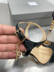 HIGH-HEELED T-STRAP SANDAL IN BLACK CALFSKIN