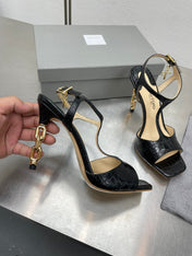 HIGH-HEELED T-STRAP SANDAL IN BLACK CALFSKIN