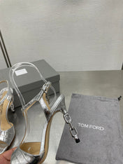 HIGH-HEELED T-STRAP SANDAL IN SILVER CALFSKIN