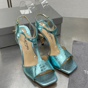 HIGH-HEELED T-STRAP SANDAL IN SKY BLUE CALFSKIN