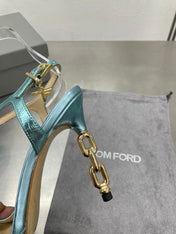 HIGH-HEELED T-STRAP SANDAL IN SKY BLUE CALFSKIN
