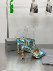 HIGH-HEELED T-STRAP SANDAL IN SKY BLUE CALFSKIN