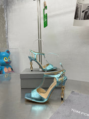 HIGH-HEELED T-STRAP SANDAL IN SKY BLUE CALFSKIN