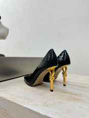 KNOT HIGH PUMP IN BLACK CALFSKIN WITH WOVEN DESIGN AND GOLD METAL HEEL 9 CM