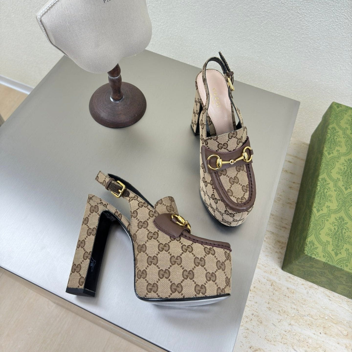 GG WOMEN'S HORSEBIT PLATFORM LOAFER SLINGBACK IN TAN BEIGE CANVAS