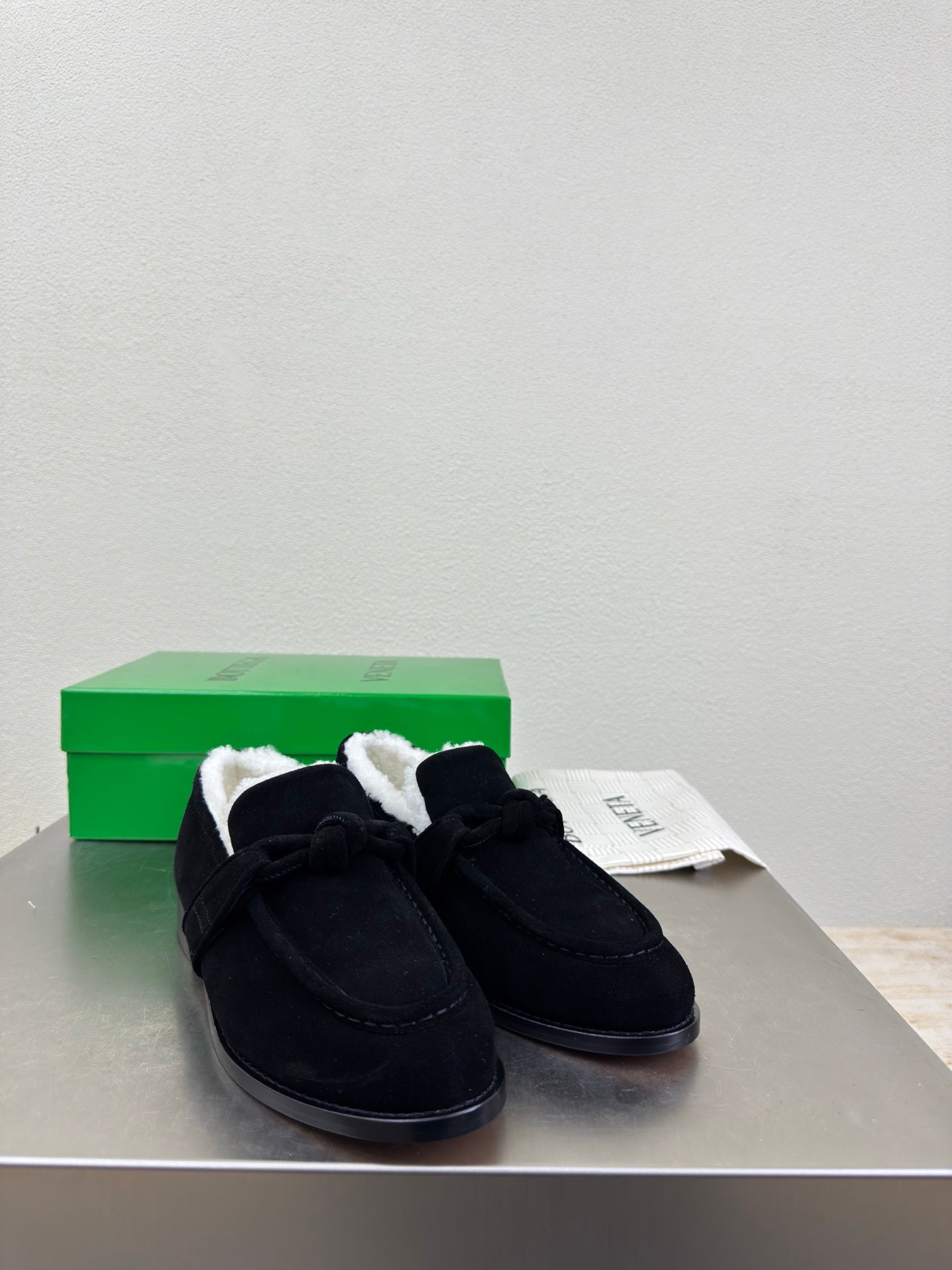 BOTTEGA VENETA 26S LOAFERS IN BLACK SUEDE AND WHITE WOOL