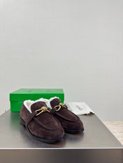 BOTTEGA VENETA 26S LOAFERS IN DARK BROWN SUEDE AND WHITE WOOL WITH GOLD HARDWARE
