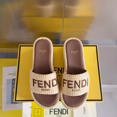 FF Sunshine 65 Beige Cotton Brown Leather Fibre Flatform Slide
