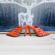 ALFIE LEATHER HIGH MULES IN VIVID ORANGE CALFSKIN WITH WOVEN DESIGN