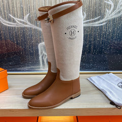 KNEE HIGH BOOTS IN BRONZE BROWN CALFSKIN AND WHITE FABRIC