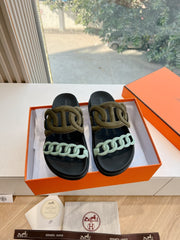 EXTRA SANDAL IN ARMY GREEN MIX ELECTRIC BLUE CALFSKIN