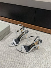 PADLOCK POINTY NAKED SANDAL 85 MM IN SILVER CALFSKIN