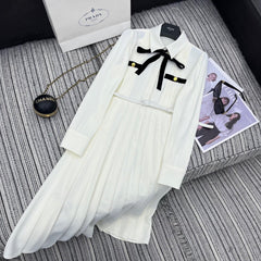 PRADA 25S LONG-SLEEVE COLLARED PLEATED DRESS 360